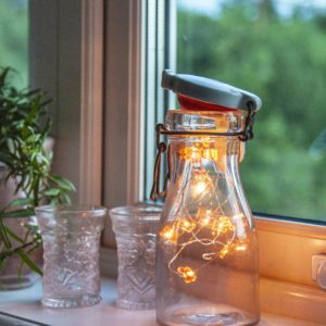 Tråd 12-ljus batteridriven ljusslinga med fjärilar hängande i karaff