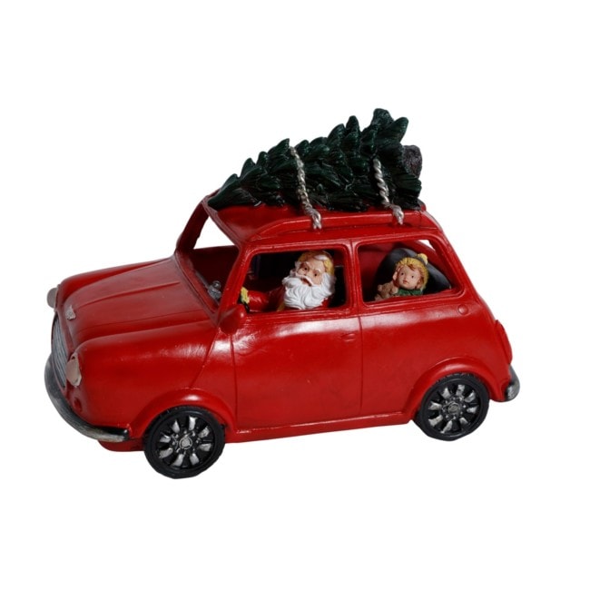 Tomte i bil med julgran på taket 3 LED 22 cm